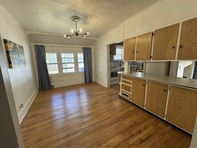 2314 Begole St, Flint, MI 48504 - kitchen with ornamental molding, a chandelier, wood finished floors, a sink, and white electric range oven