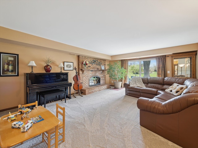 living area with carpet and a fireplace