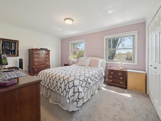 bedroom featuring crown molding, carpet flooring, and a closet
