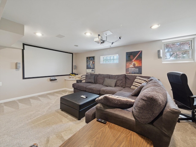 cinema with carpet flooring, recessed lighting, and baseboards