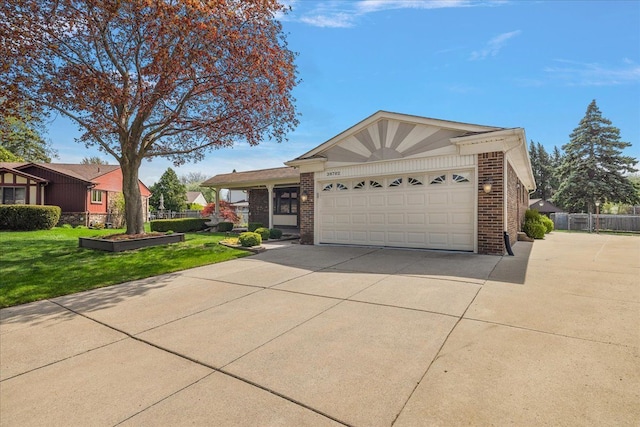 ranch-style house featuring driveway, a front yard, brick siding, fence, and an attached garage