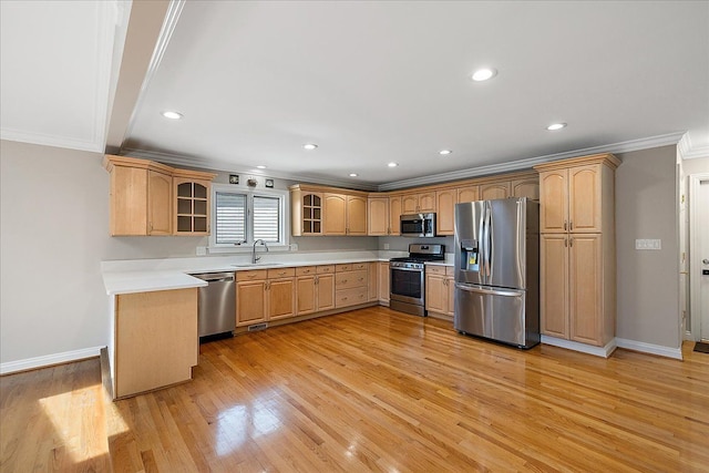 kitchen featuring crown molding, baseboards, stainless steel appliances, and a sink