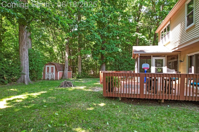 1710 Dawncrest Dr, West Bloomfield, MI 48324 - view of green lawn featuring a storage shed, a wooden deck, and a sunroom