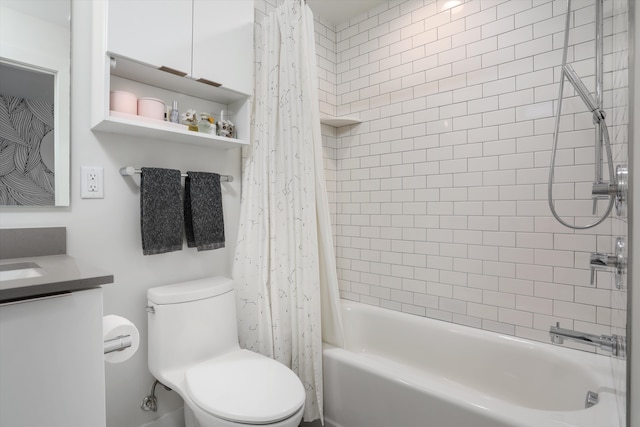 full bath with vanity, toilet, and shower / tub combo with curtain