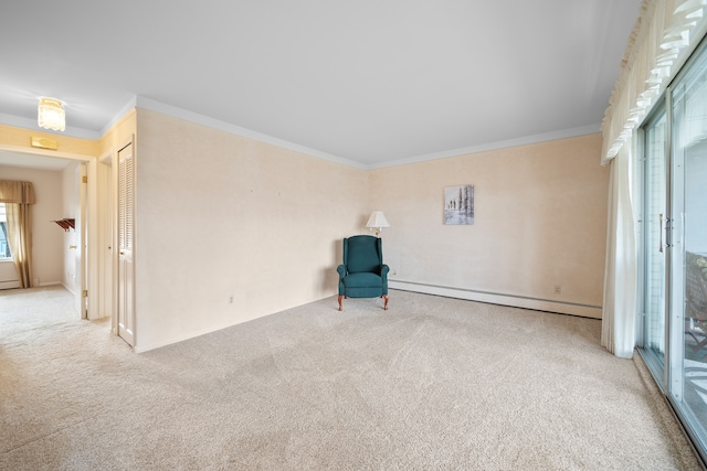 unfurnished room with carpet floors, baseboards, ornamental molding, and baseboard heating