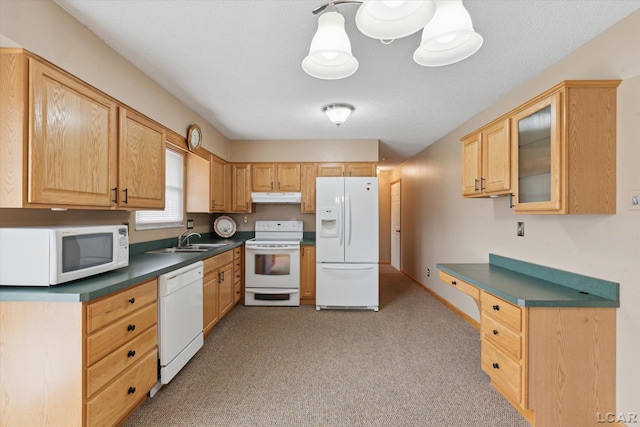 kitchen featuring light colored carpet, dark countertops, a sink, under cabinet range hood, and white appliances