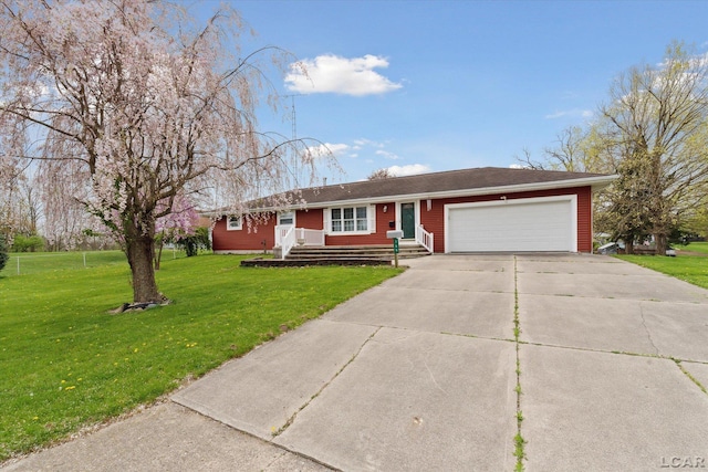 ranch-style home with a garage, concrete driveway, a porch, and a front lawn