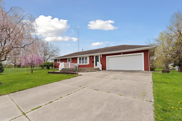 ranch-style house featuring a garage, concrete driveway, a porch, and a front yard