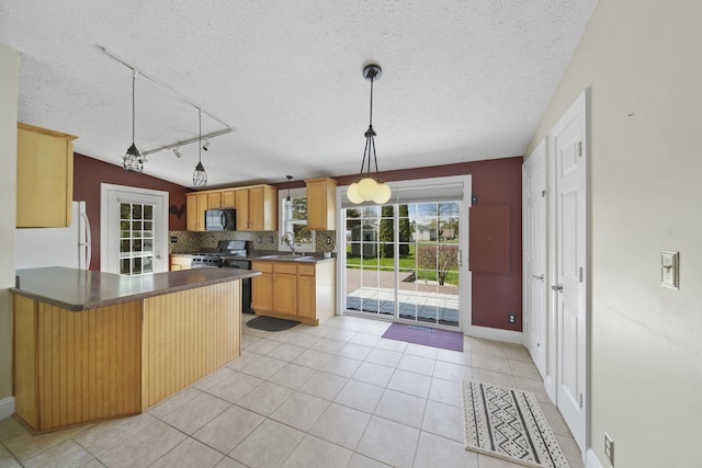 kitchen featuring dark countertops, black microwave, range, rail lighting, and freestanding refrigerator
