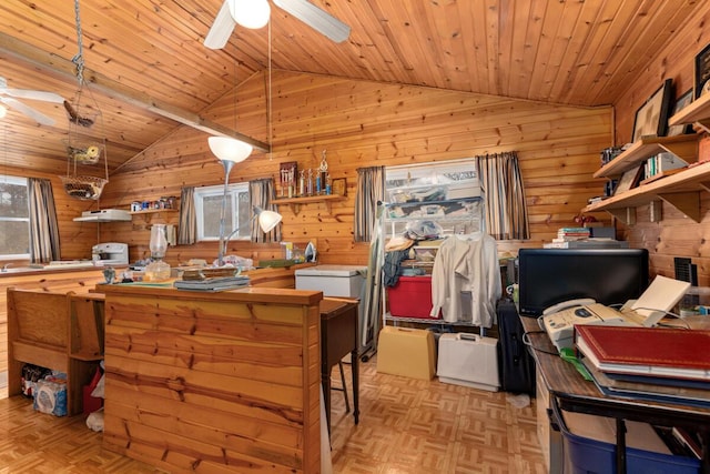 office space with wooden walls, ceiling fan, vaulted ceiling, and wood ceiling
