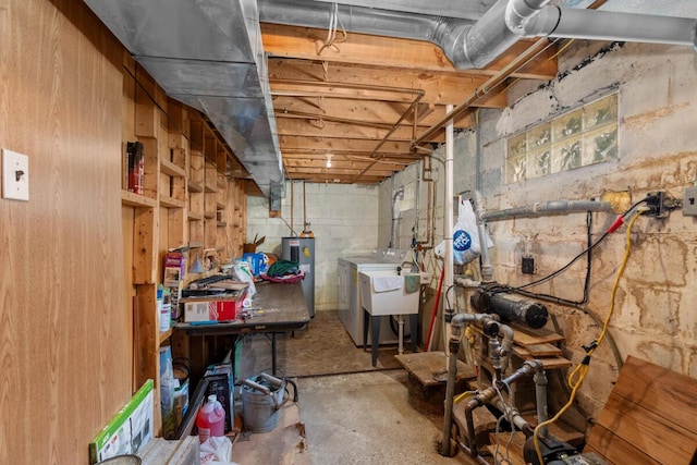 below grade area with a sink and electric water heater