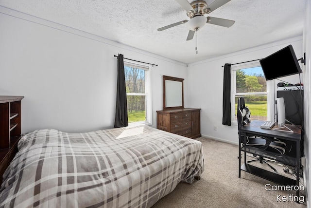 carpeted bedroom featuring baseboards, a textured ceiling, multiple windows, and ceiling fan