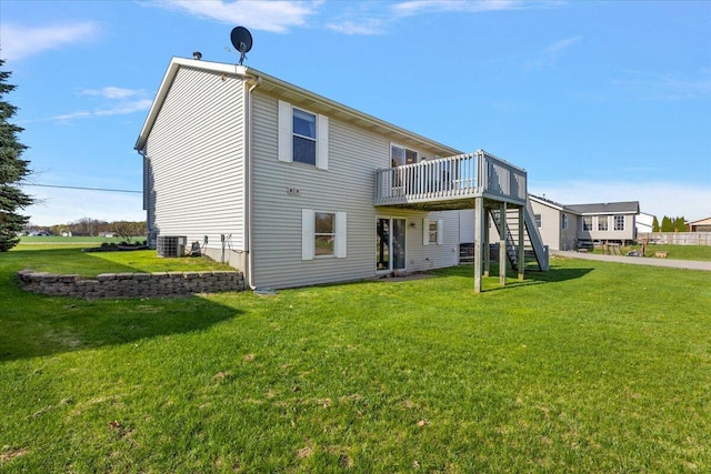 back of property featuring stairs, a lawn, a deck, and cooling unit