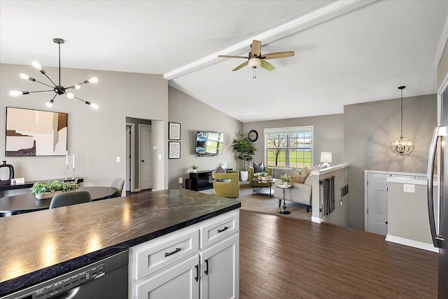 kitchen with dark countertops, dark wood finished floors, lofted ceiling with beams, open floor plan, and dishwashing machine