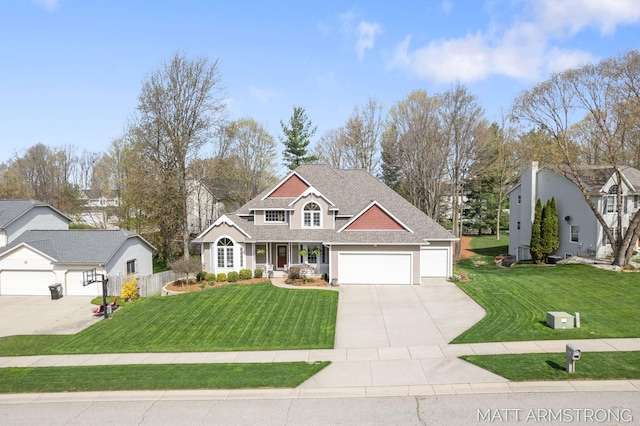 view of front of property featuring covered porch, a front yard, a shingled roof, an attached garage, and driveway