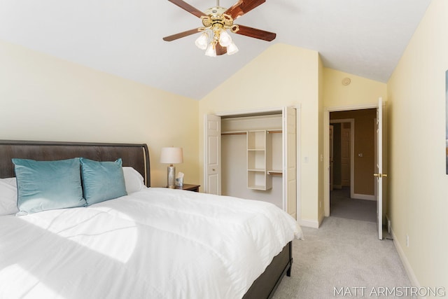 bedroom featuring light colored carpet, a ceiling fan, baseboards, vaulted ceiling, and a closet