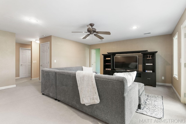 living area featuring ceiling fan, light colored carpet, recessed lighting, baseboards, and visible vents