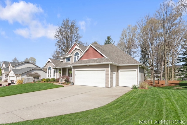 craftsman inspired home featuring roof with shingles, driveway, a front yard, and a garage