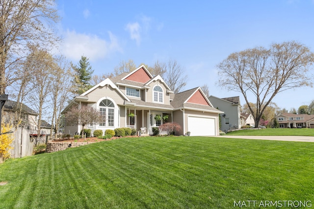 craftsman-style home featuring roof with shingles, an attached garage, a porch, a front yard, and concrete driveway