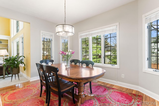 dining space featuring baseboards, wood finished floors, and a notable chandelier