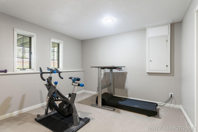 exercise room featuring carpet floors and baseboards
