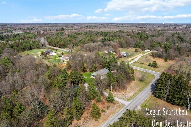 bird's eye view with a wooded view
