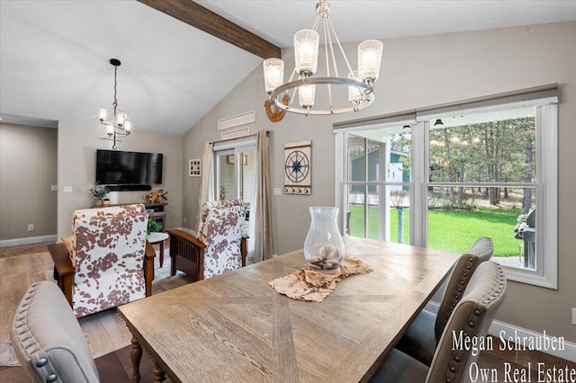 dining room with baseboards, an inviting chandelier, vaulted ceiling with beams, and wood finished floors