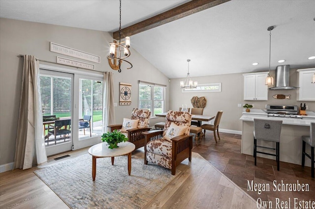 living room featuring baseboards, an inviting chandelier, vaulted ceiling with beams, and visible vents