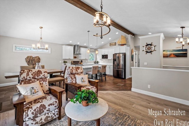 living area featuring a notable chandelier, lofted ceiling with beams, recessed lighting, baseboards, and dark wood-style floors