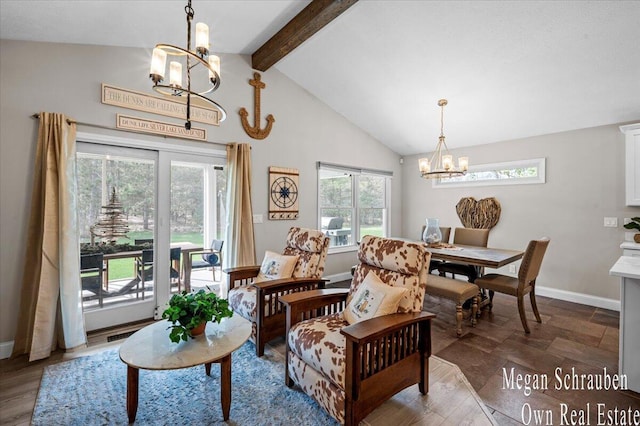 interior space featuring baseboards, lofted ceiling with beams, and a chandelier