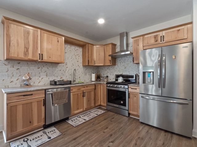 7136 N Meadows Trl, Dexter, MI 48130 - kitchen featuring wall chimney range hood, dark wood-type flooring, light countertops, tasteful backsplash, and stainless steel appliances