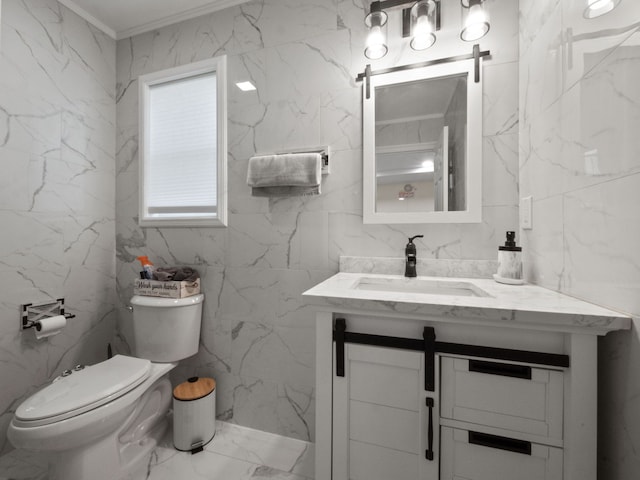 7136 N Meadows Trl, Dexter, MI 48130 - half bathroom featuring vanity, crown molding, marble finish floor, toilet, and tile walls