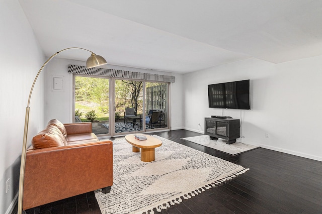 living area featuring baseboards, a wood stove, and wood finished floors