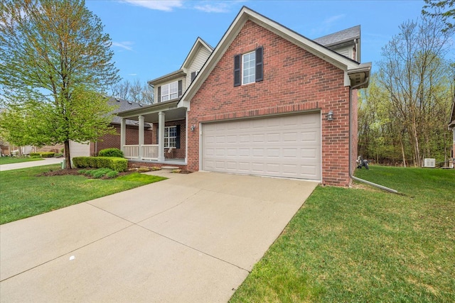 29816 Trailwood Dr, Warren, MI 48092 - traditional-style house with brick siding, a front yard, driveway, and a garage
