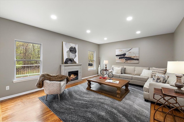 29816 Trailwood Dr, Warren, MI 48092 - living room featuring wood finished floors, a glass covered fireplace, recessed lighting, and baseboards