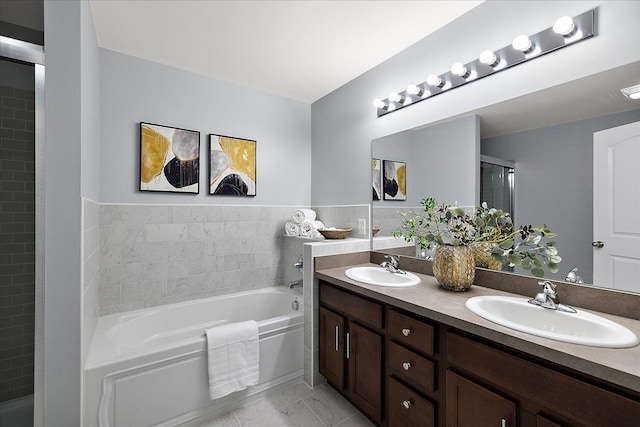 29816 Trailwood Dr, Warren, MI 48092 - bathroom featuring a bath, double vanity, marble look tile flooring, and a stall shower