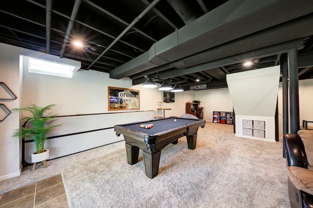 rec room featuring billiards and carpet