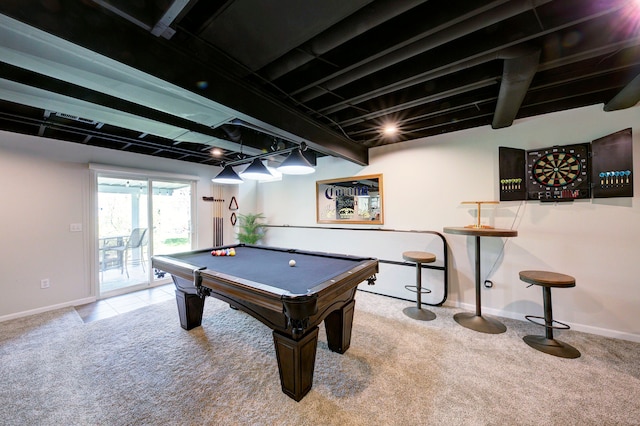 game room featuring baseboards, carpet flooring, billiards, and visible vents