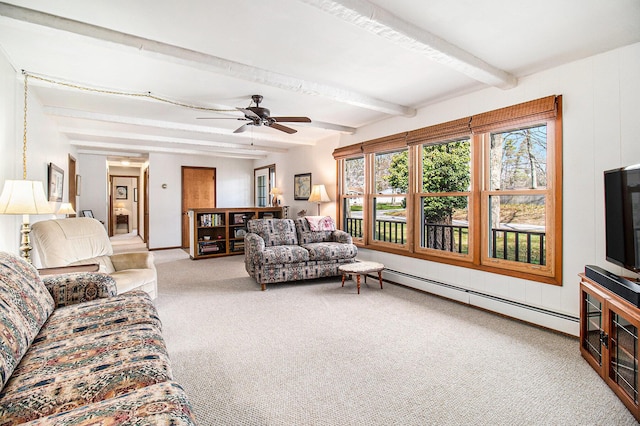 carpeted living area with beamed ceiling, a baseboard heating unit, and ceiling fan