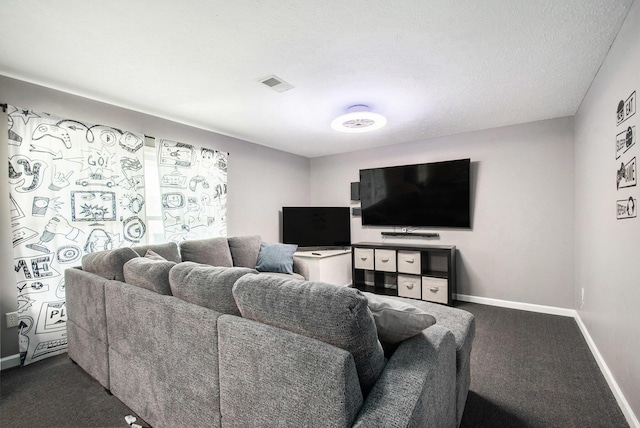 living room featuring baseboards, visible vents, and dark colored carpet