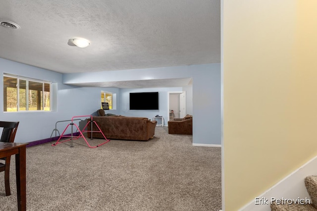 581 Cumings Ct NW, Sparta, MI 49345 - carpeted living area with baseboards, a textured ceiling, and visible vents