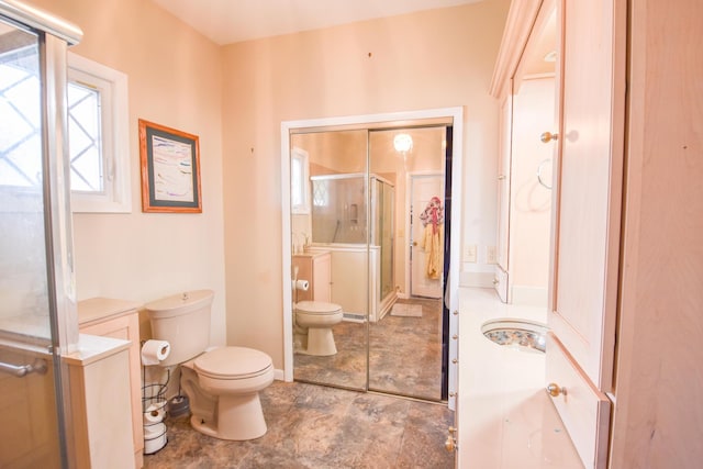 full bathroom featuring toilet, a shower stall, and a sink