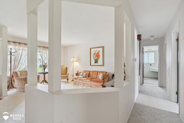 living area with light colored carpet