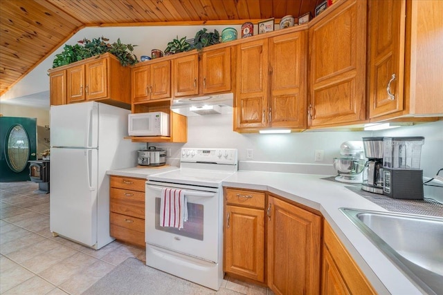 4335 Kings Corner Rd, Glennie, MI 48737 - kitchen featuring lofted ceiling, white appliances, light countertops, under cabinet range hood, and wooden ceiling