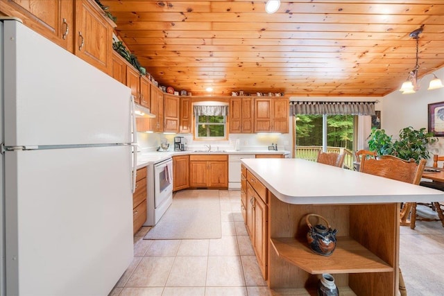 4335 Kings Corner Rd, Glennie, MI 48737 - kitchen featuring open shelves, white appliances, light countertops, wooden ceiling, and a kitchen island