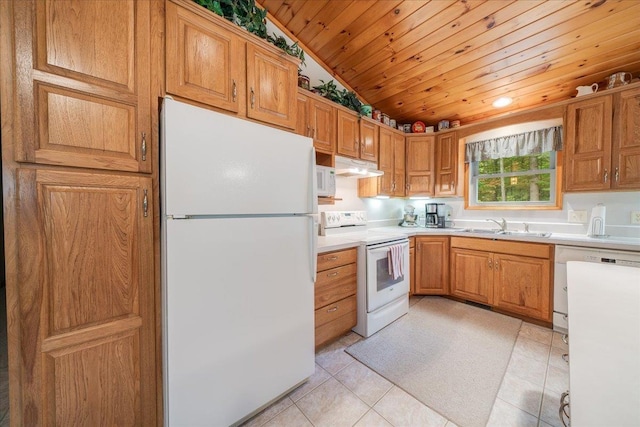 4335 Kings Corner Rd, Glennie, MI 48737 - kitchen featuring white appliances, light countertops, light tile patterned floors, under cabinet range hood, and wood ceiling