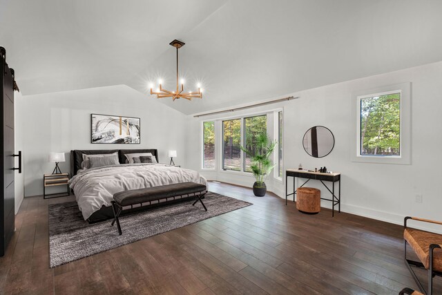 bedroom with an inviting chandelier, baseboards, dark wood-type flooring, and vaulted ceiling