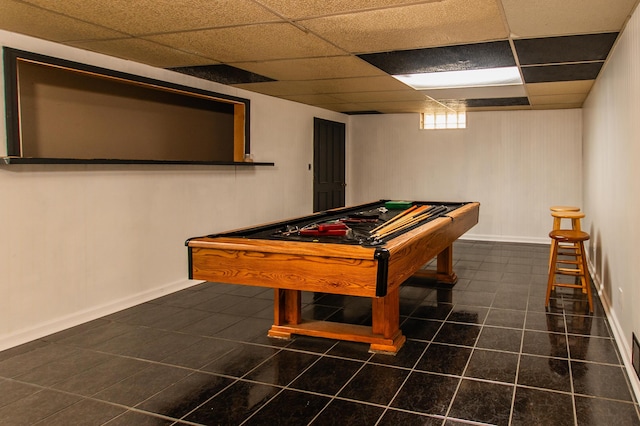 rec room featuring baseboards, billiards, a paneled ceiling, and tile patterned flooring