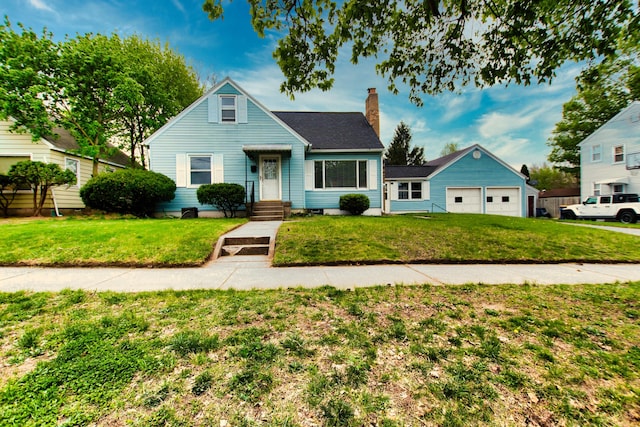 bungalow-style home with a front yard and a chimney