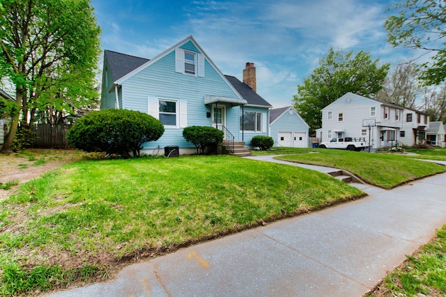 bungalow featuring a garage, a front lawn, fence, and a chimney
